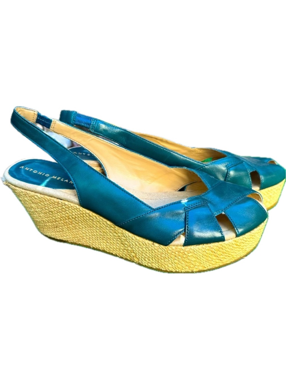 ANTONIO MELANI Teal Leather Slingback Wedge Sandals